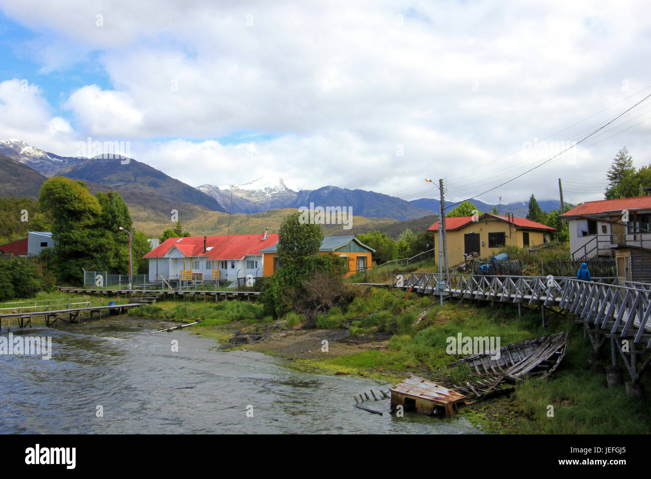 Die isolierten Puerto Eden in Wellington Inseln, Fjorden des südlichen Chile, Provinz Ultima Esparanza Stockfoto