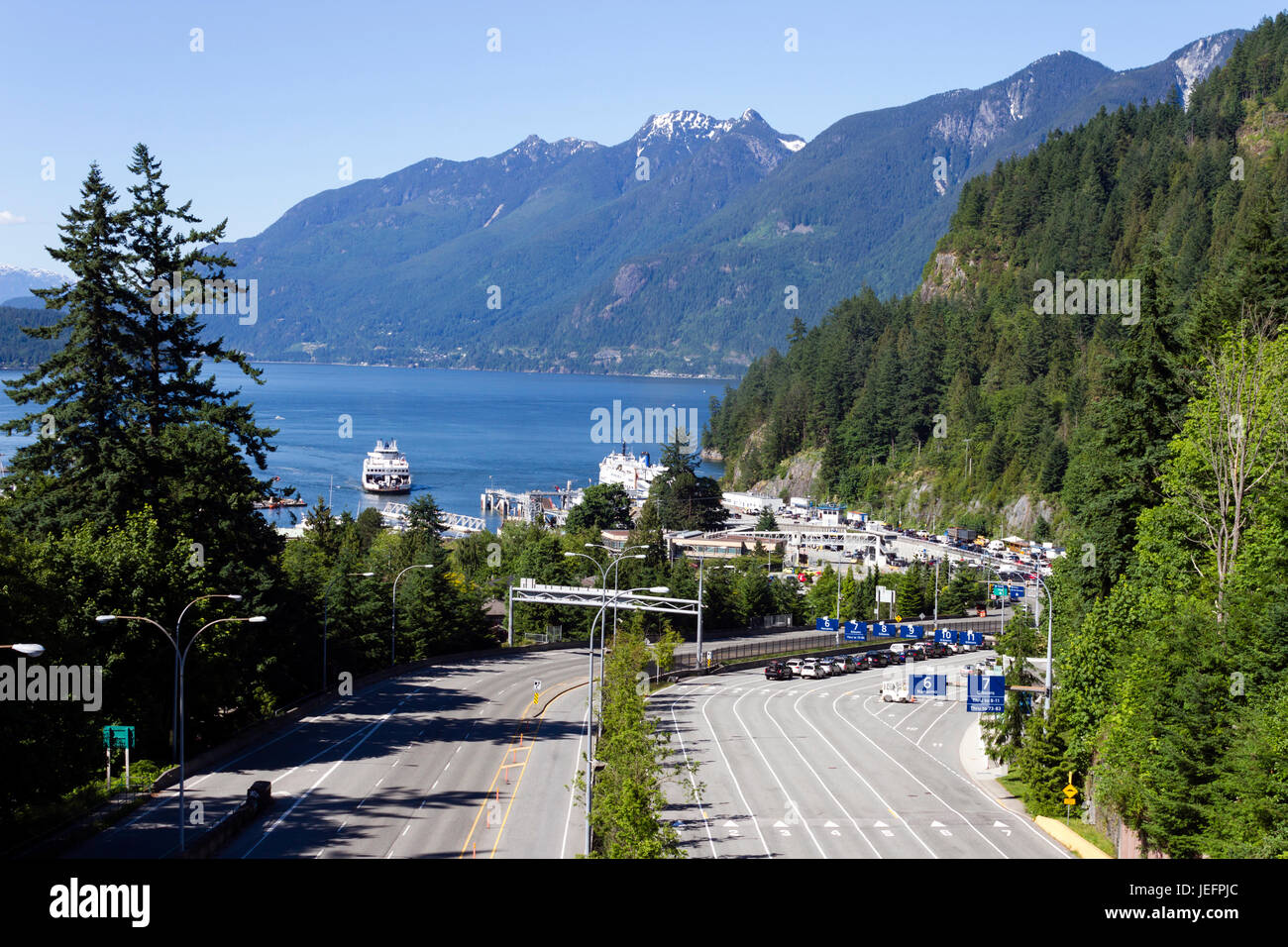Ansicht der Horseshoe Bay Fährhafen befindet sich in Horseshoe Bay, West Vancouver, Britisch-Kolumbien, Kanada. Stockfoto