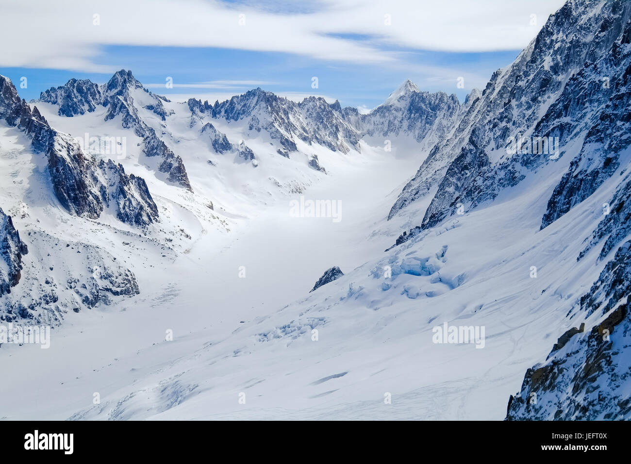 Blick auf Aiguille de Grand Montets im Winter, Mont Blanc, Argentiere, Frankreich Stockfoto