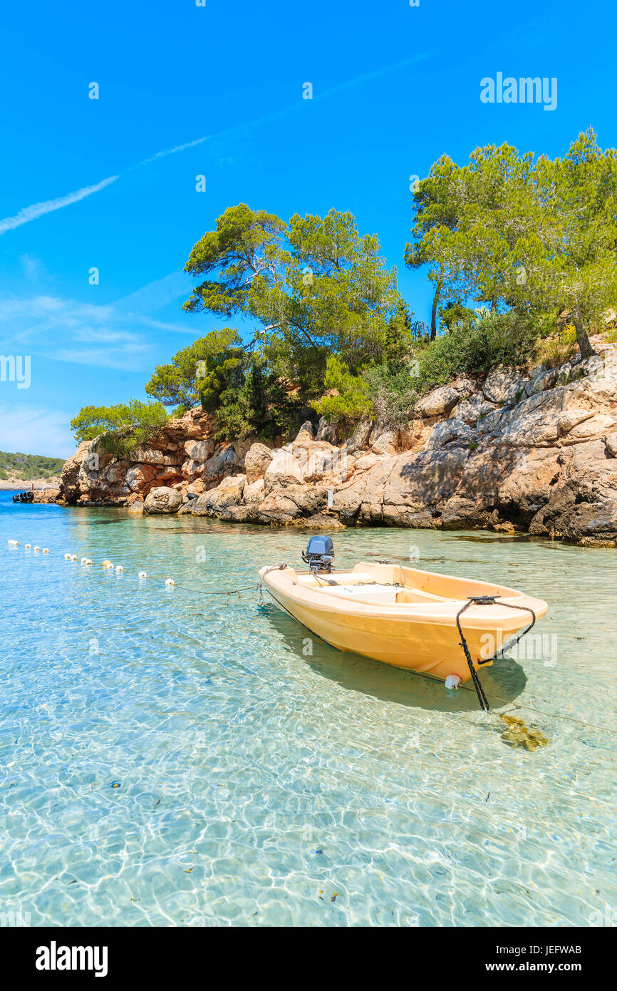 Gelbe Boot ankern am idyllischen Strand Cala Portinatx und Cliff rockt mit Pinien im Hintergrund die Insel Ibiza, Spanien Stockfoto