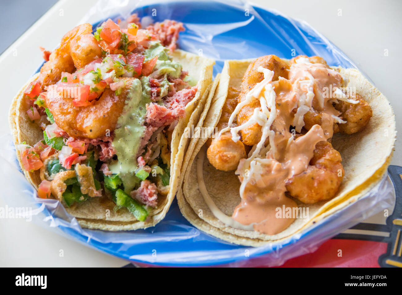 Fische und Garnelen Tacos El Pescadito Restaurant, Mexico City, Mexiko Stockfoto