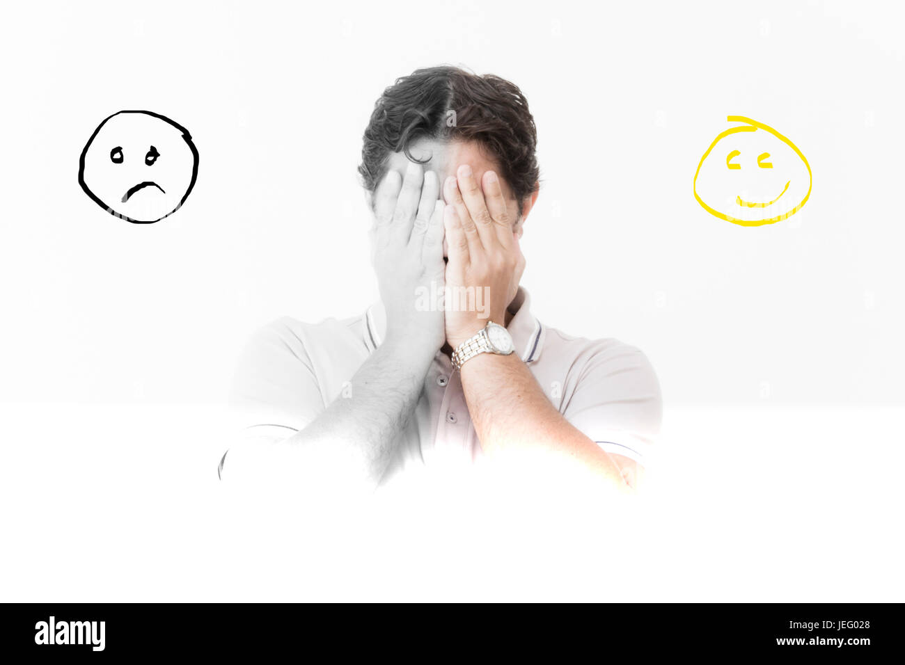 Man hält die Hände vor dem Gesicht Stockfoto