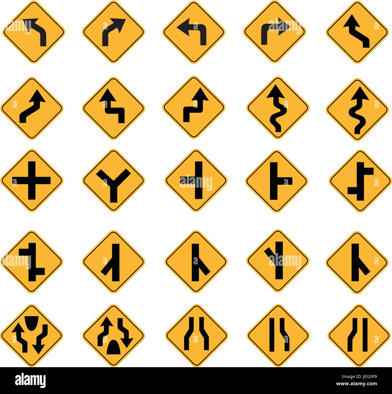 gelbe Straßenschilder, Verkehrszeichen Vektor auf weißem Hintergrund Stock Vektor