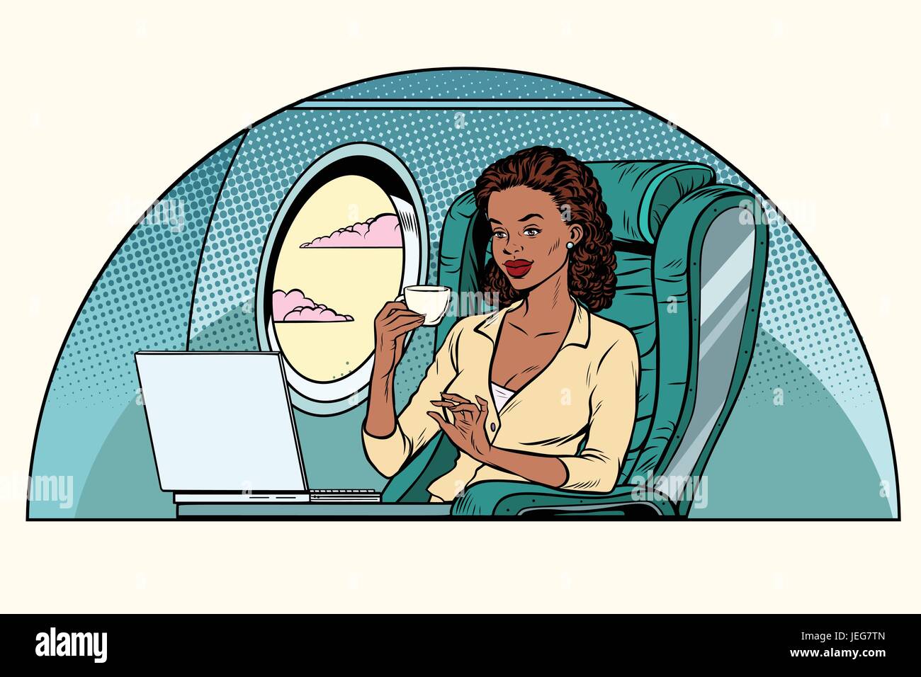 Afrikanische Geschäftsfrau in der Businessclass des Flugzeugs arbeitet bei Stock Vektor