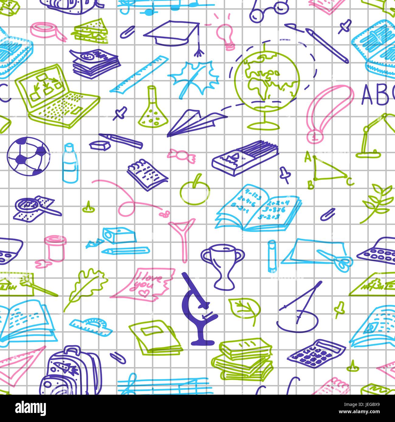 Schule Pack Handgezeichnete Farbige Silhouetten Auf Karopapier Skizze Nahtlose Muster Stock Vektorgrafik Alamy