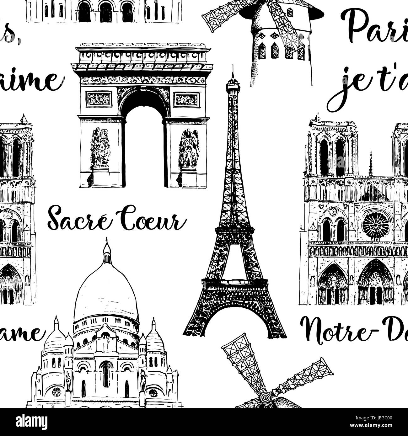 Paris Sightseeing nahtlose Muster festgelegt. Eiffel Turm, Arc de Triomphe, Basilika Frankreich. Vektor Hand gezeichnete Skizze Stock Vektor