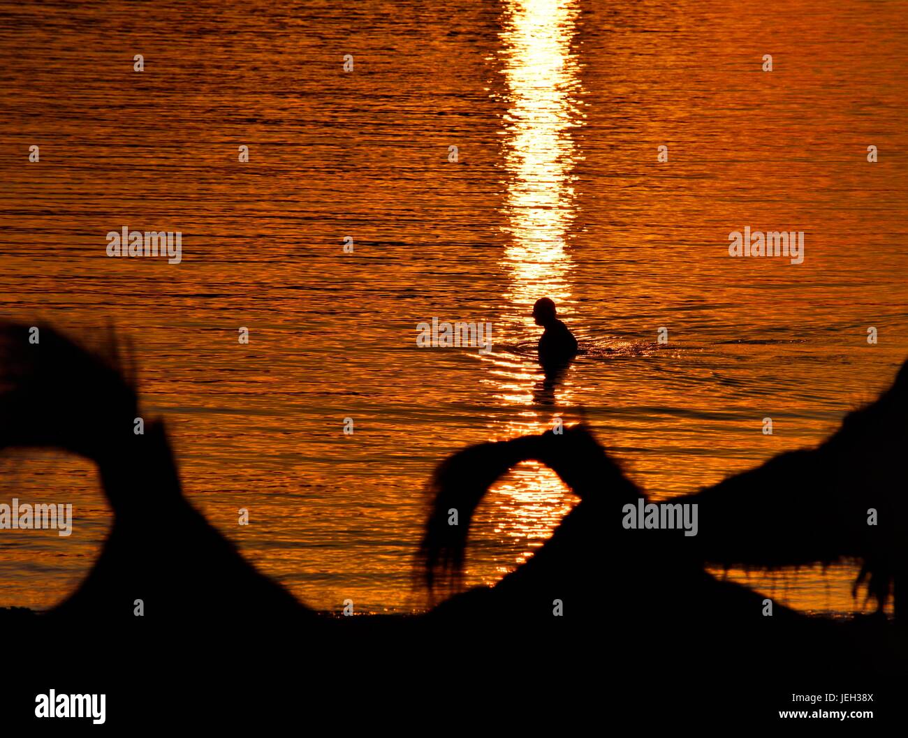 Mann zu Fuß ins Meer Stockfoto