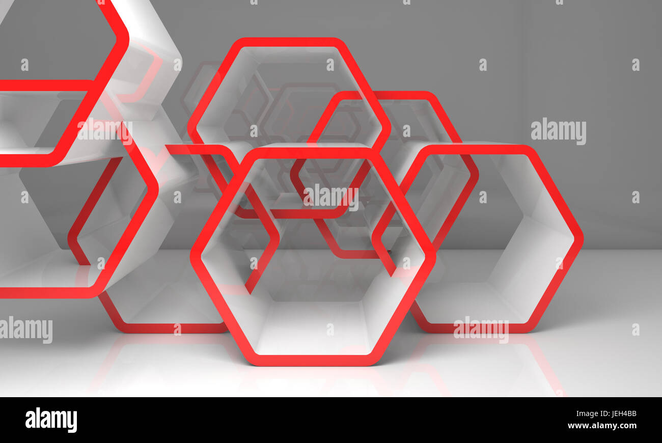 Fragment einer abstrakten weißen Waben Installation mit roten Abschnitte im leeren Raum. Computer Grafik Hintergrund nützlich wie ein Hintergrundbild. 3D ren Stockfoto