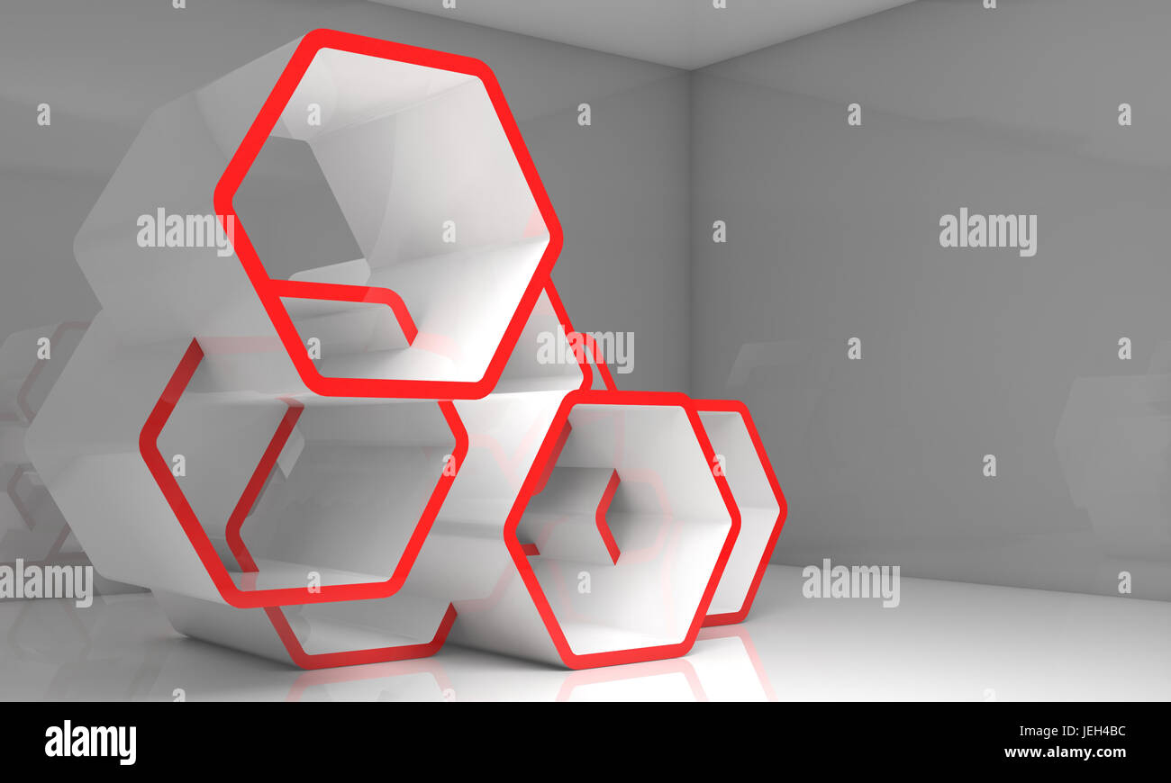 Abstrakt weiß Waben Installation mit roten Abschnitte im leeren Raum. Computer Grafik Hintergrund nützlich wie ein Hintergrundbild. 3D Render illustratio Stockfoto