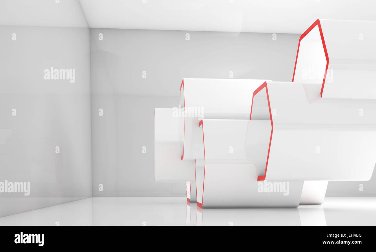 Abstrakte Waben Installation mit roten Abschnitte in leeren weißen Raum. Computer Grafik Hintergrund nützlich wie ein Hintergrundbild. 3D illustration Stockfoto