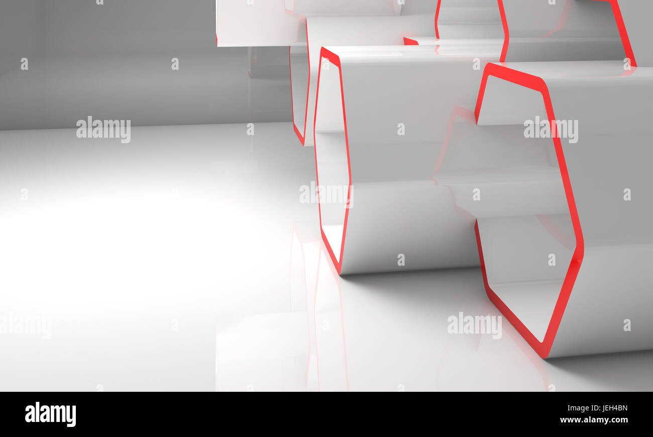 Abstrakte Waben Installation mit roten Abschnitte. Computer Grafik Hintergrund nützlich wie ein Hintergrundbild. 3D illustration Stockfoto
