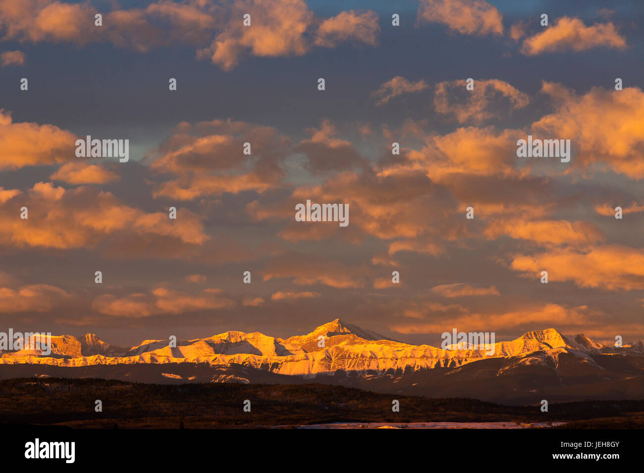 Glühend warm beleuchteten schneebedeckte Gebirge und Vorgebirge mit leuchtenden Wolken und blauer Himmel bei Sonnenaufgang; Calgary, Alberta, Kanada Stockfoto