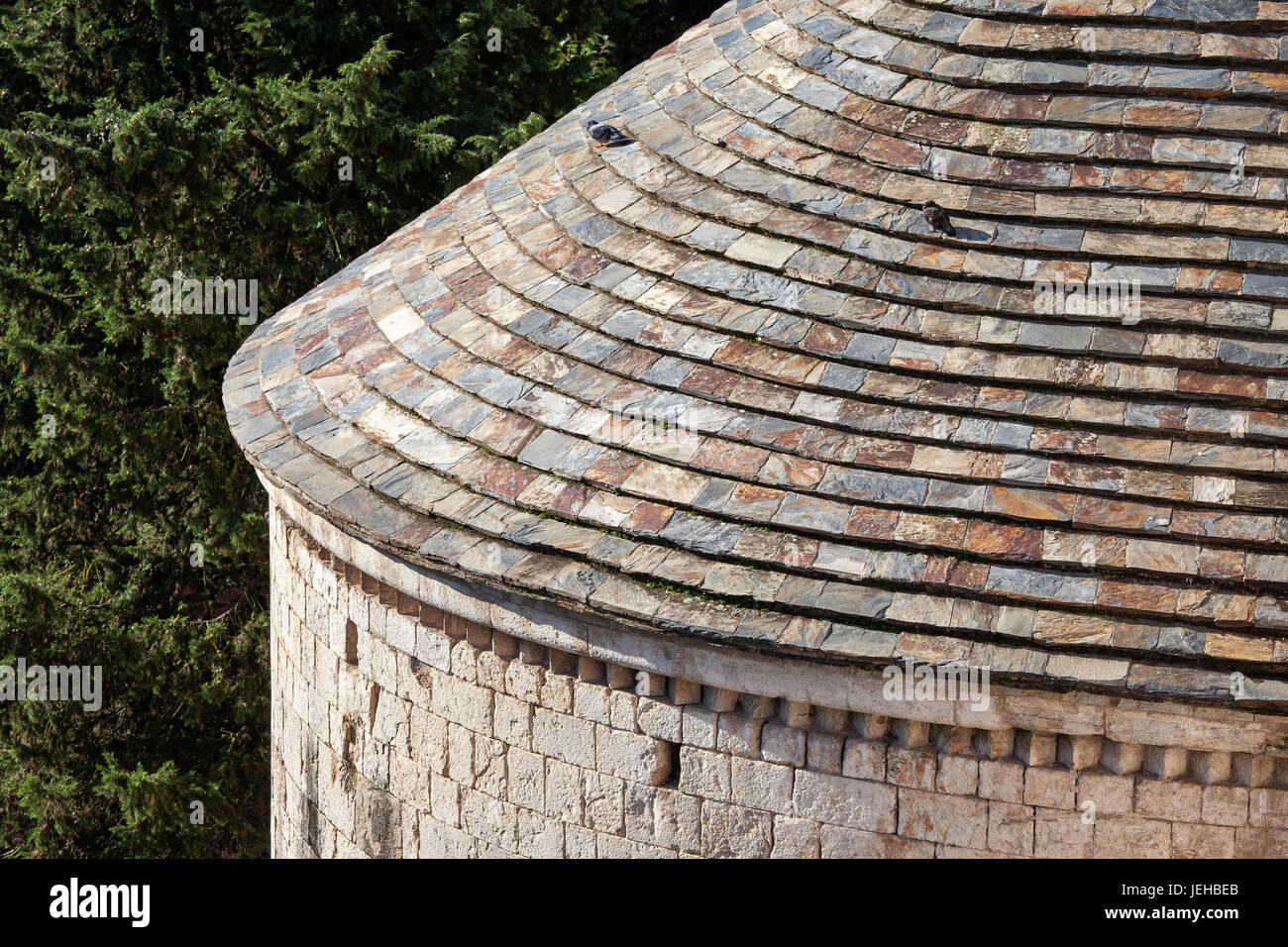 Spanien, Katalonien, Girona, dome Stein Schiefer Fliesen runden Dach des Benediktiner-Kloster Sant Pere de Galligants, 12. Jahrhundert Romanesque Architektur Stockfoto