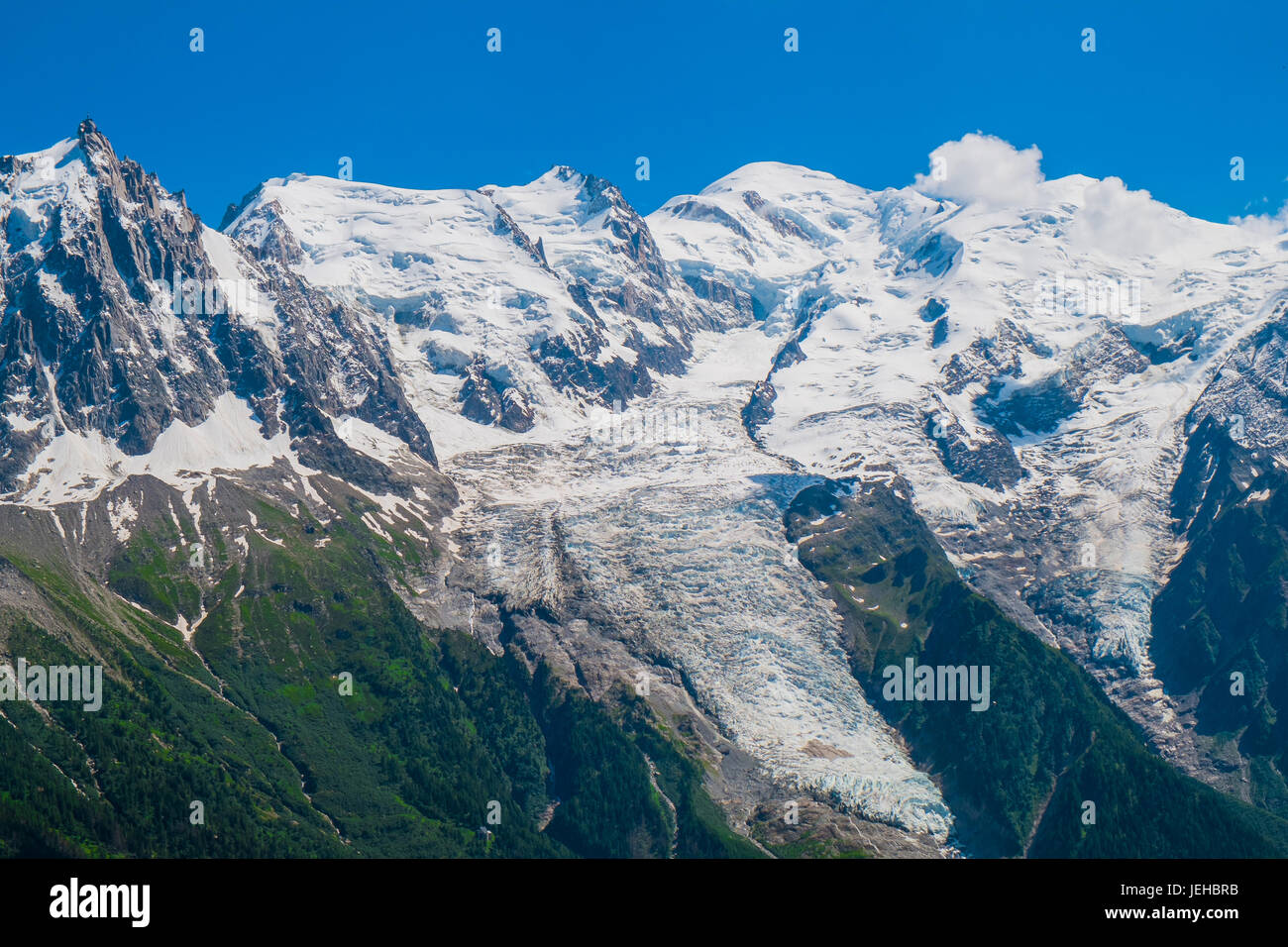 Blick auf Mont Blanc vom Plan Praz, Chamonix, Frankreich Stockfoto