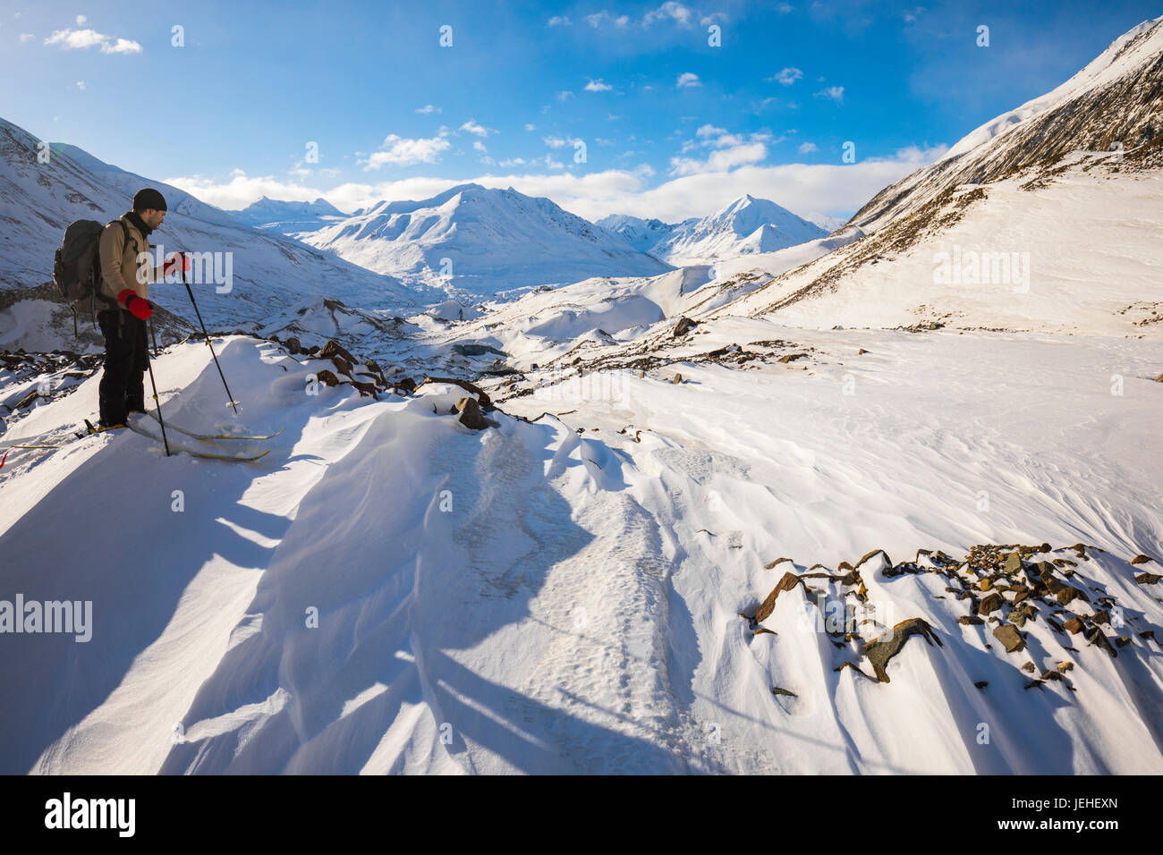 Backcountry Skifahrer erkunden Schwarz Rapids Gletscher im Winter innen Alaska, USA Stockfoto