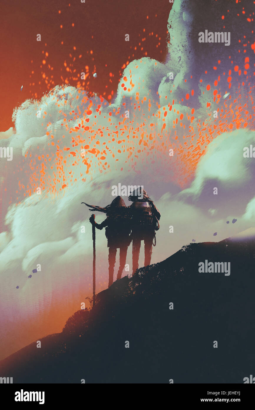 Silhouetten von Wanderern stehen am Berg beobachten Rauch mit Lava Explosion von Vulkan, digitale Kunststil, Illustration, Malerei Stockfoto
