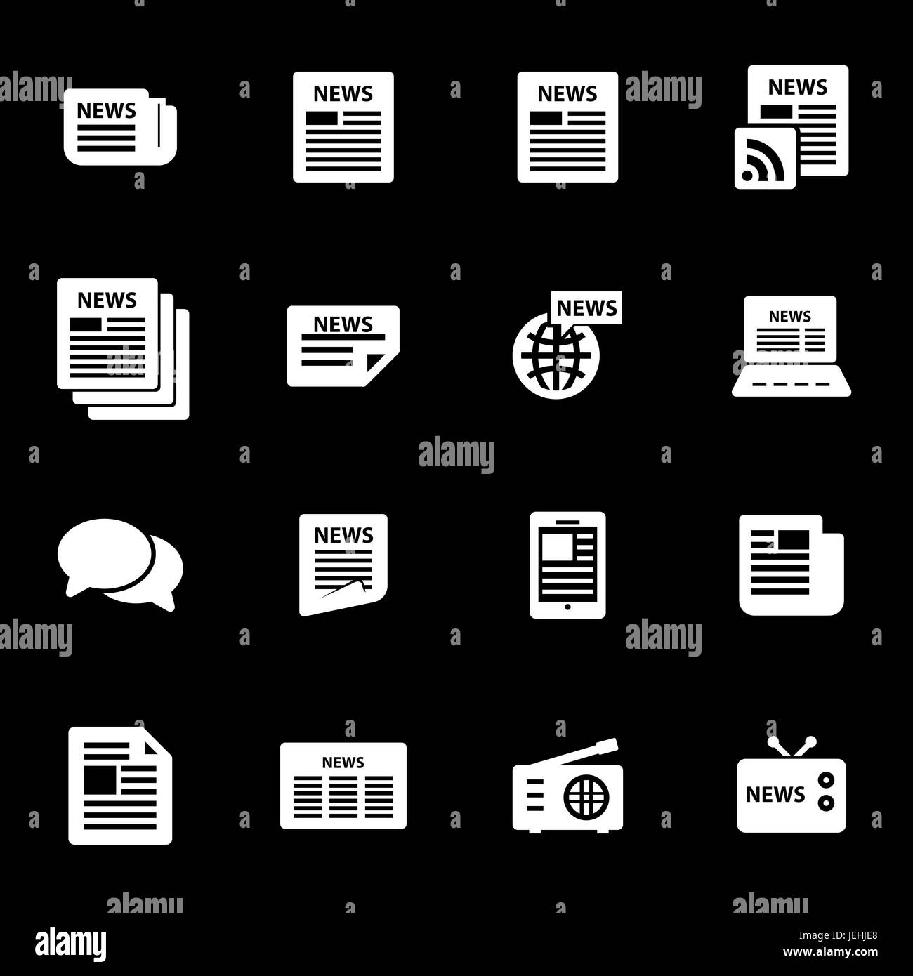 Vektor-weiße Nachrichten-Icons set auf schwarzem Hintergrund Stock Vektor