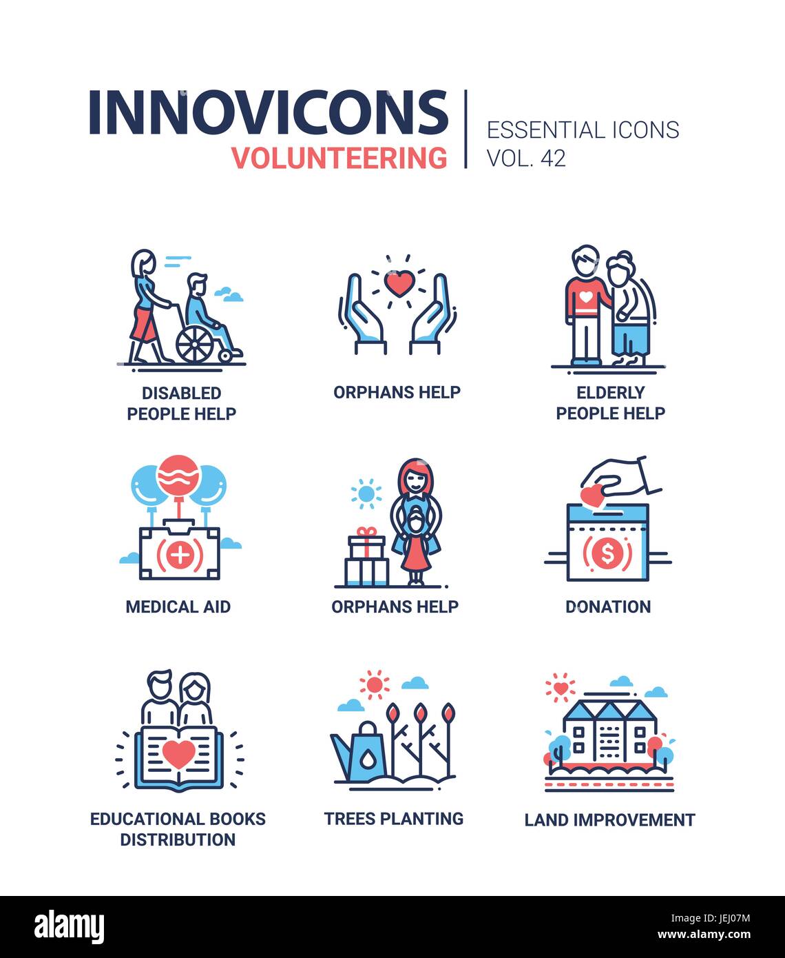 Freiwilligenarbeit - moderne Vektor-Icons Designset Linie. Behinderte, Waisen, ältere Menschen, Senioren Hilfe, medizinische Hilfe, Spende, Lehrbücher verkau Stock Vektor