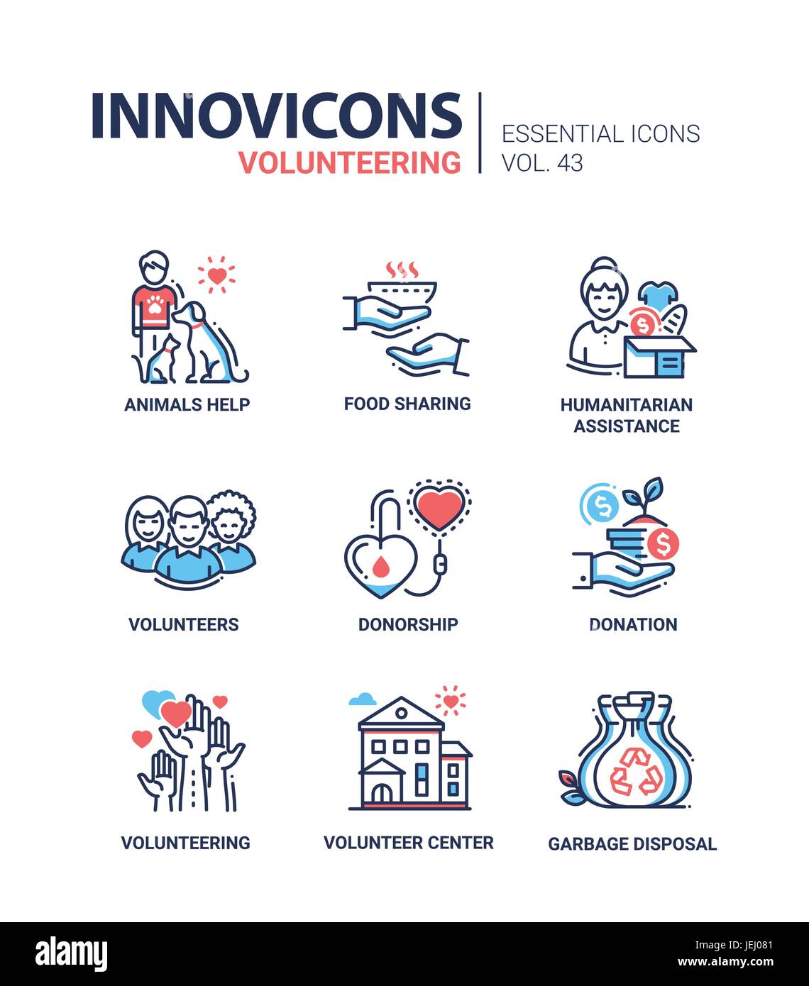 Ehrenamt - moderne Vektorlinie Design Icons einstellen. Tier Hilfe, Hilfe, essen gemeinsam, humanitäre Hilfe, Geber, Spende, Zentrum, Müll disp Stock Vektor
