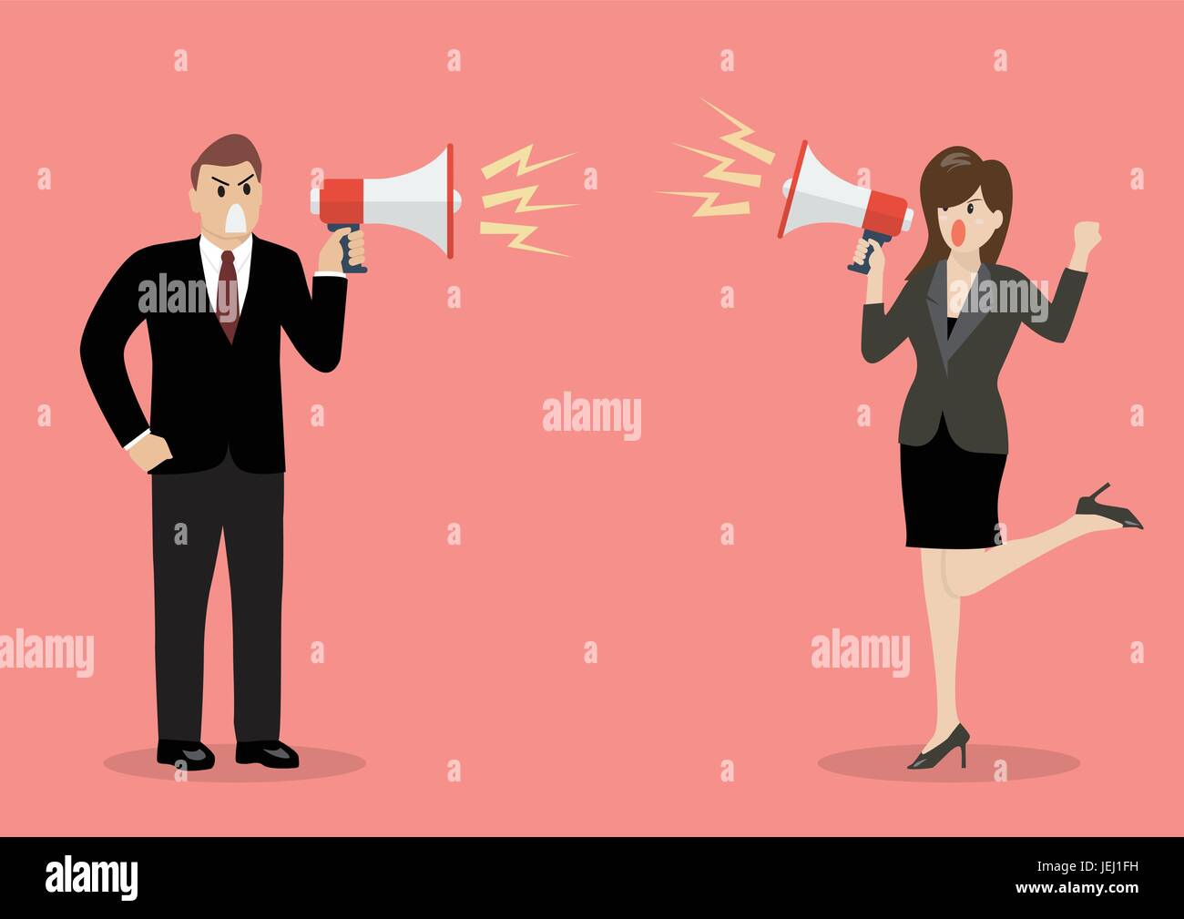 Geschäftsmann und Frau schreien sich gegenseitig mit Megaphonen. Business-Konzept Stock Vektor