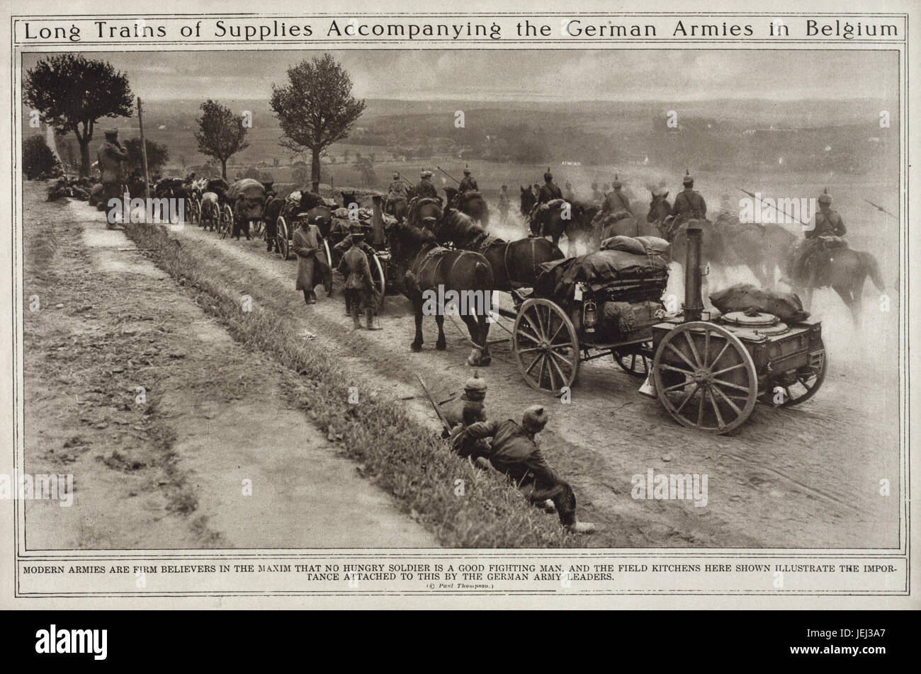 Lange Züge von Lieferungen begleiten die deutschen Armeen in Belgien - Tiefdruck von The New York Times Stockfoto