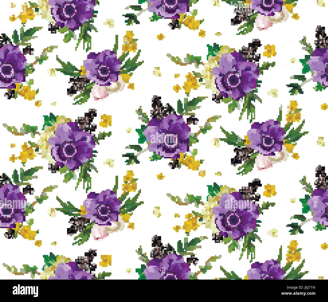 Nahtlose Muster Blumen. Vektor Wallpaper mit lila, gelb blühenden Anemonen Rosensträuße hip Eukalyptus isoliert weißen Hintergrund. Blumen Sommer Stock Vektor