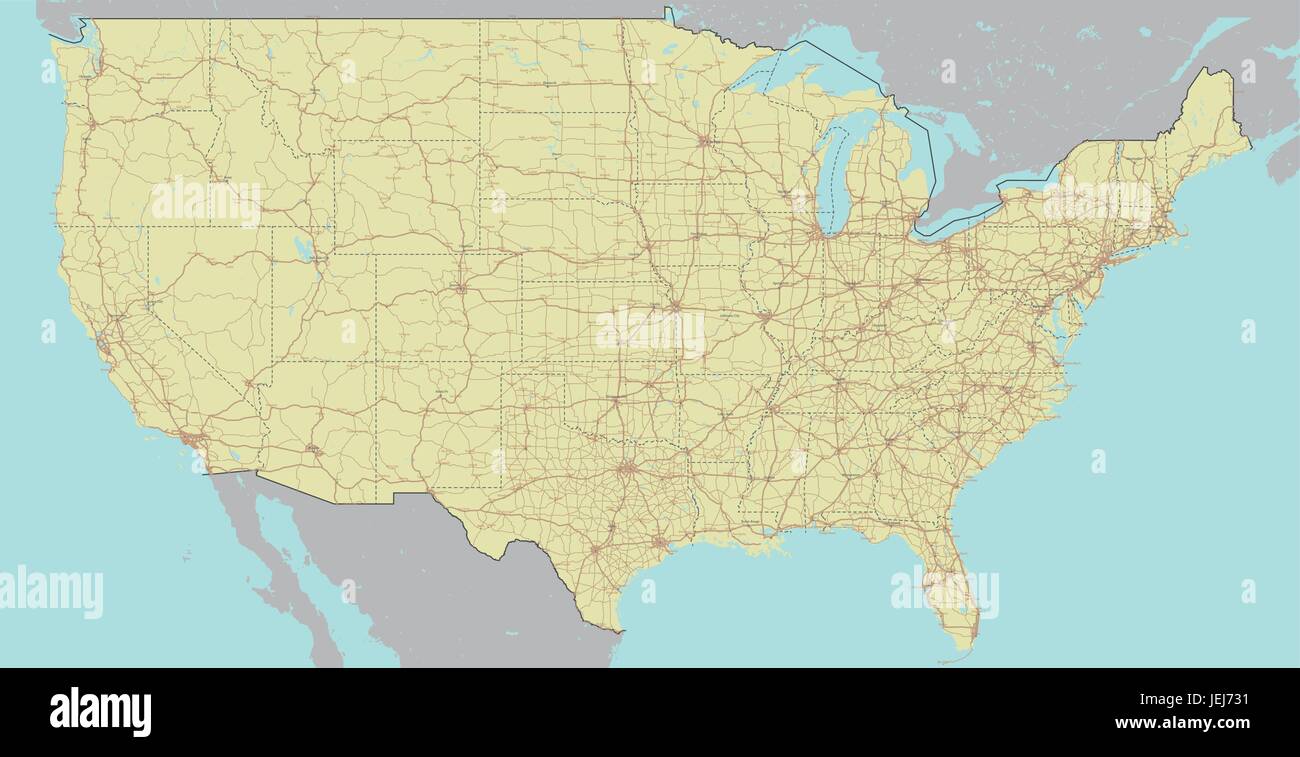 Vektor hoch detaillierte genaue, exakte Vereinigte Staaten von Amerika, amerikanische Straße, Autobahn-Karte mit Beschriftung. Geografischen Pastell administrative. Editierbare c Stock Vektor
