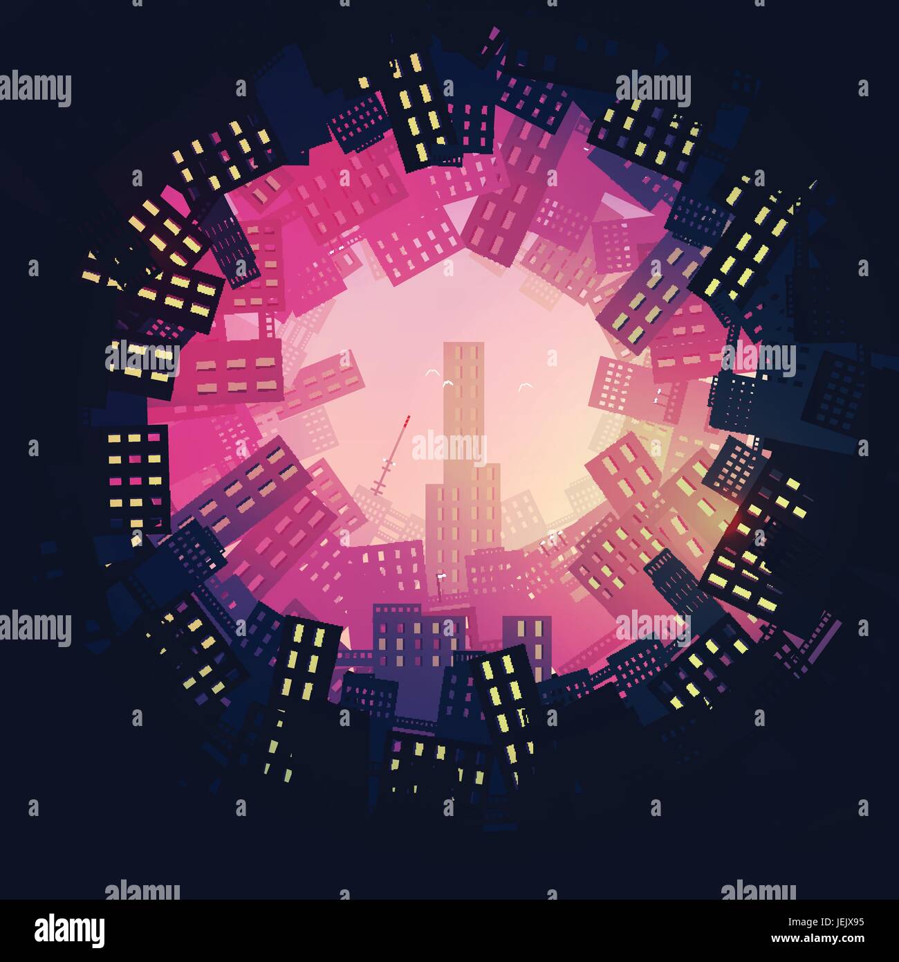 Fish Eye City Scape nachts - Vektor-Illustration Stock Vektor
