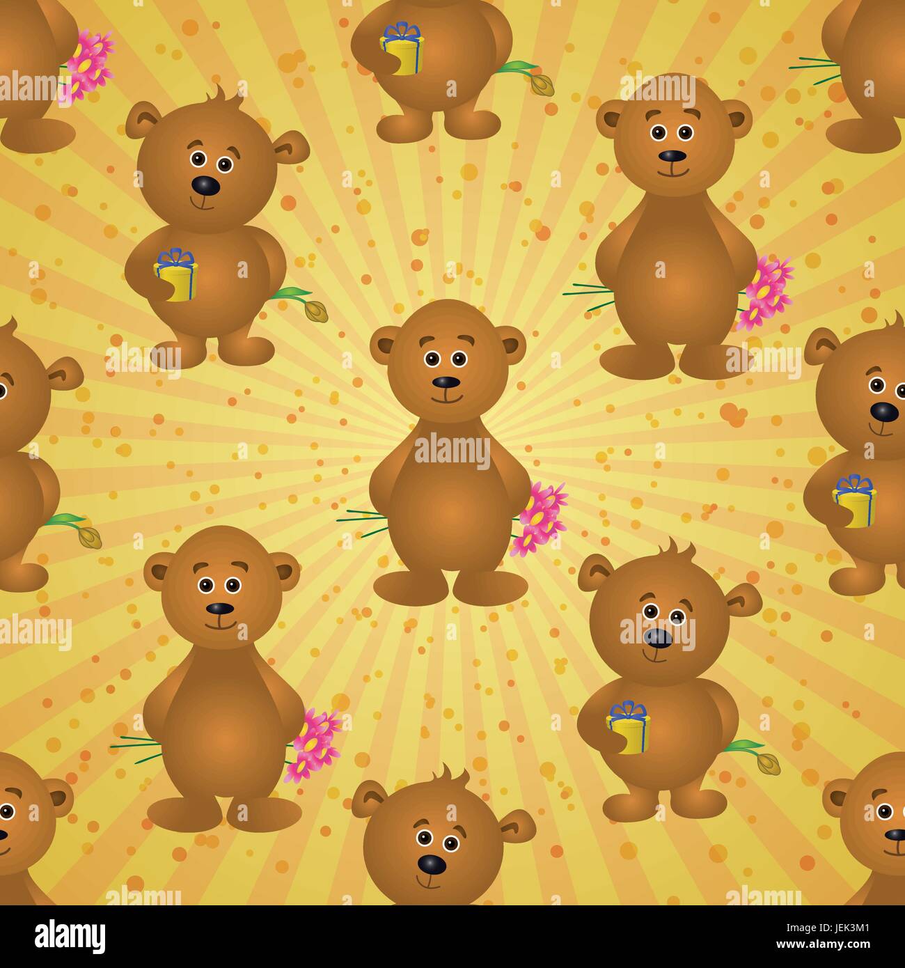 Nahtlose Muster, Cartoon Teddybären mit Urlaub Geschenk-Boxen und Blumen auf abstrakten Hintergrund. EPS10, enthält Folien. Vektor Stock Vektor