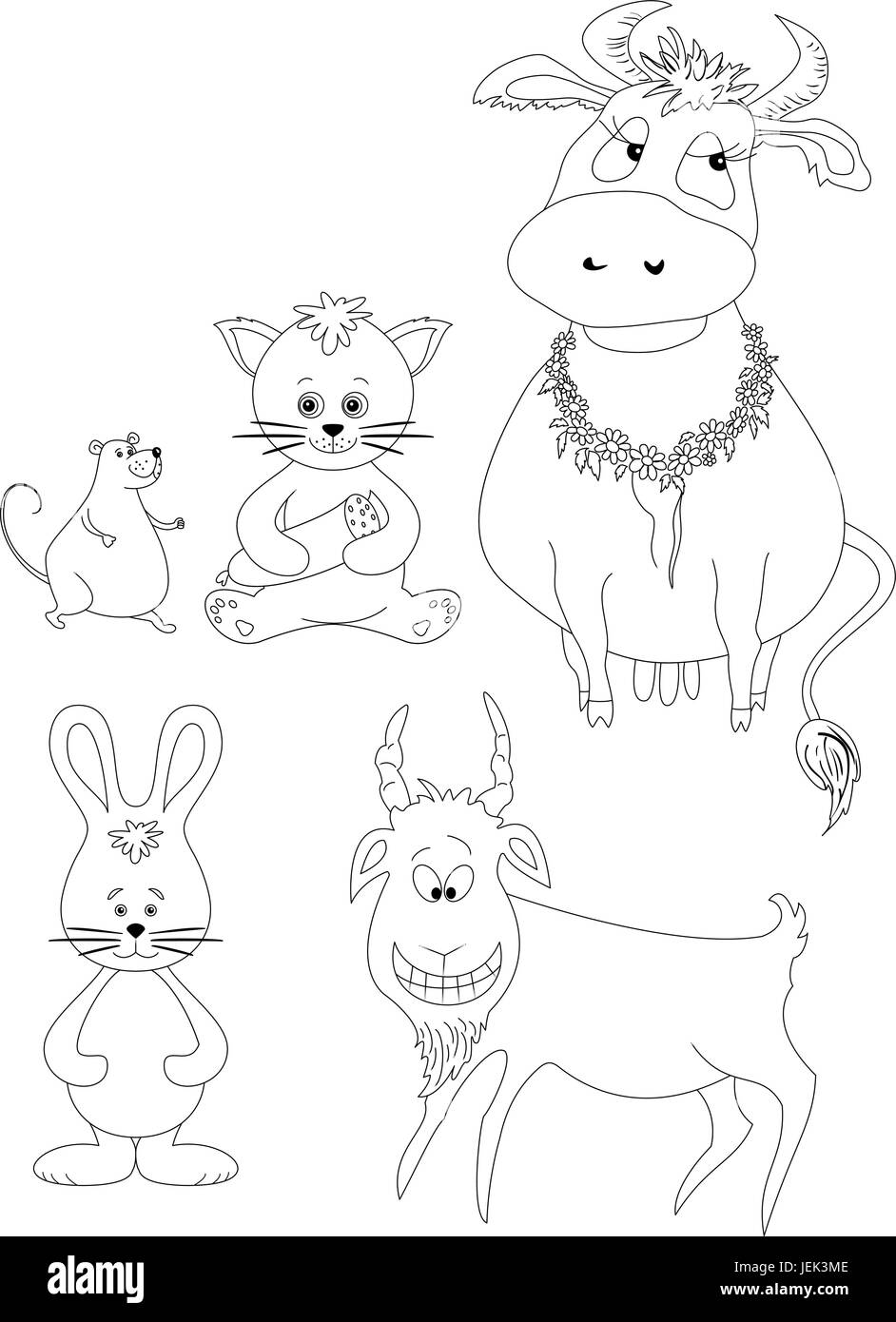 Comic-Tiere Set: Kuh, Katze mit Wurst, Maus, Ziege, Kaninchen. Schwarze Kontur auf weißem Hintergrund. Vektor-illustration Stock Vektor