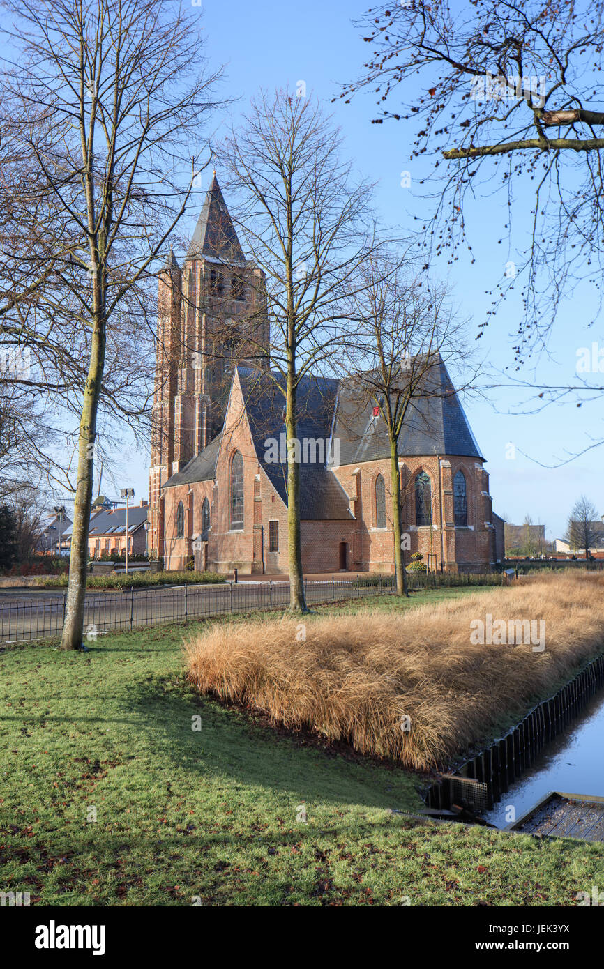 Neugotische St. Michiel Kirche am sonnigen Tagesanbruch, Ravels, Flandern, Belgien Stockfoto