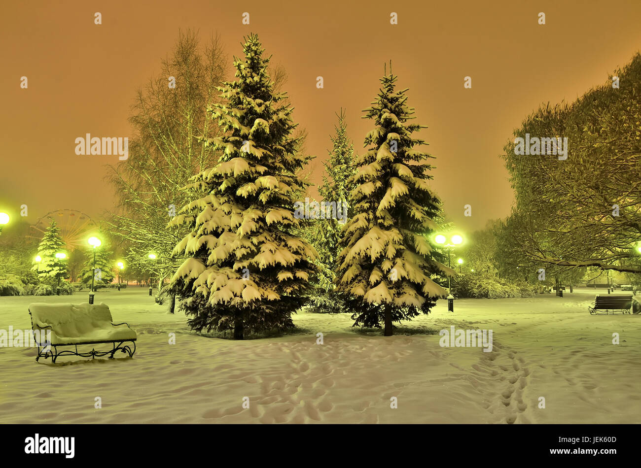 Romantischer Winterabend in einem Stadtpark Stockfoto