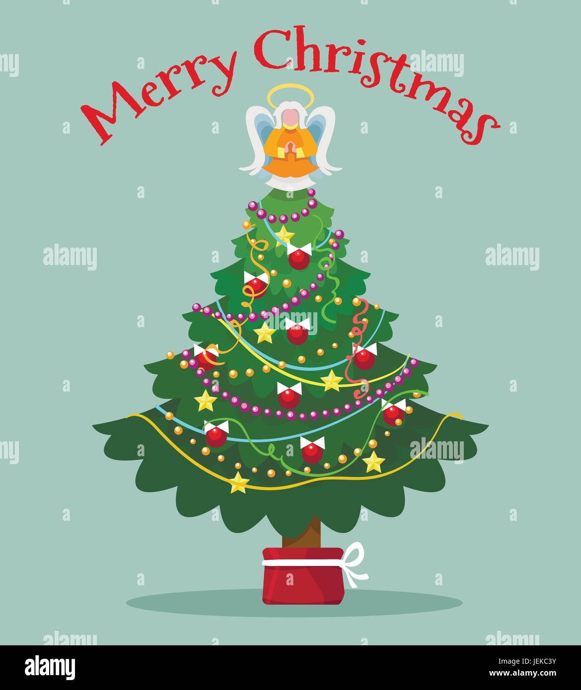 Weihnachtsbaum mit Topper-Fee-Card. Xmas Bäume Licht Engel-Vektor-illustration Stock Vektor