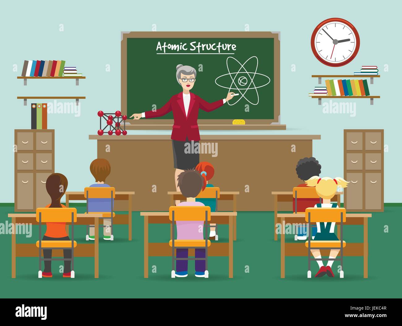 Physikunterricht. LehrerInnen im Unterricht mit Kindern vor Tafel Vektor-illustration Stock Vektor