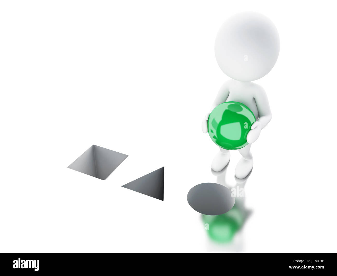 3D Illustration. Weiße Leute Puttinggreen Kugel in das rechte Loch. Isolierten weißen Hintergrund Stockfoto