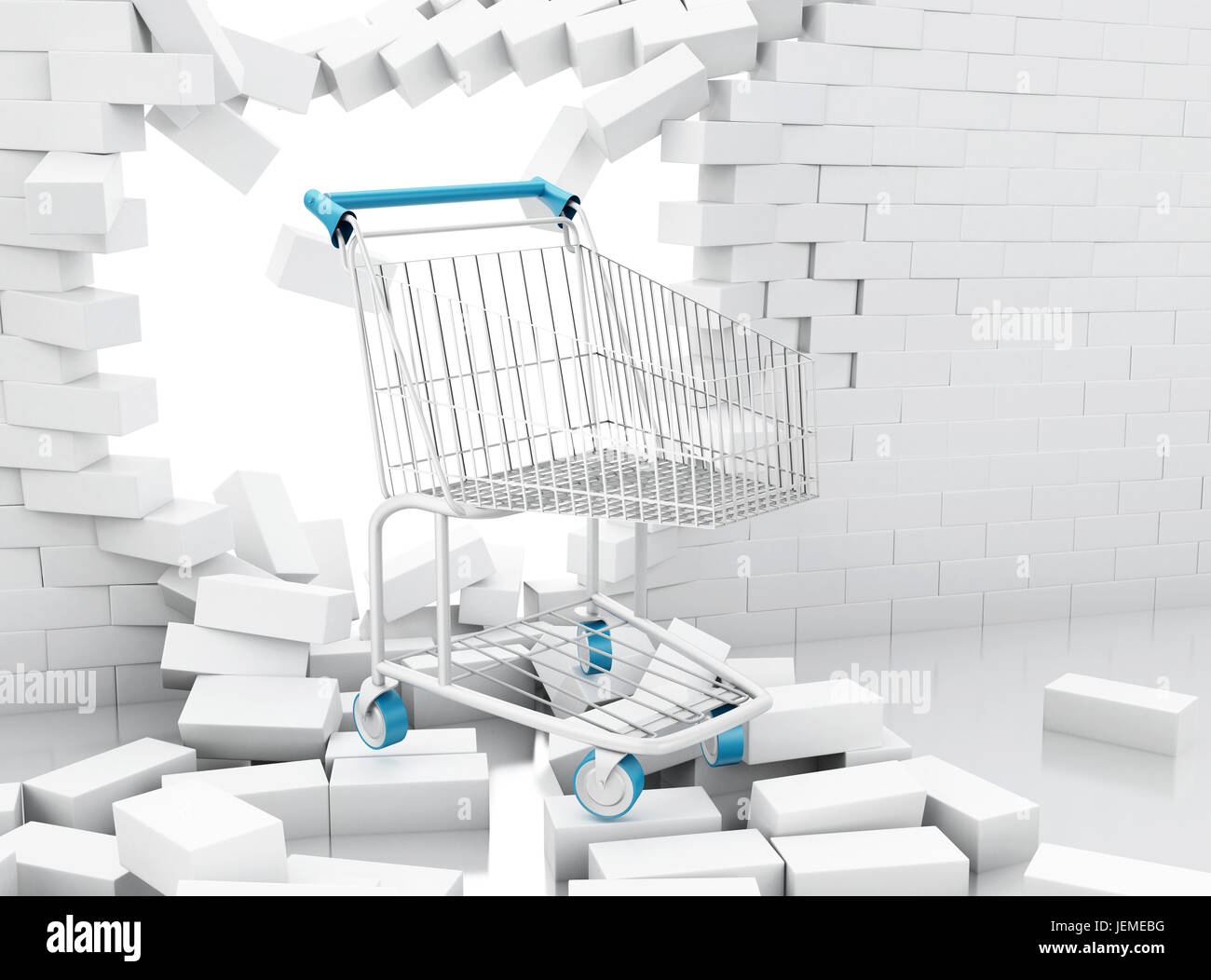 3D Illustration. Warenkorb, eine Mauer zu durchbrechen. Verkauf-Konzept. Stockfoto