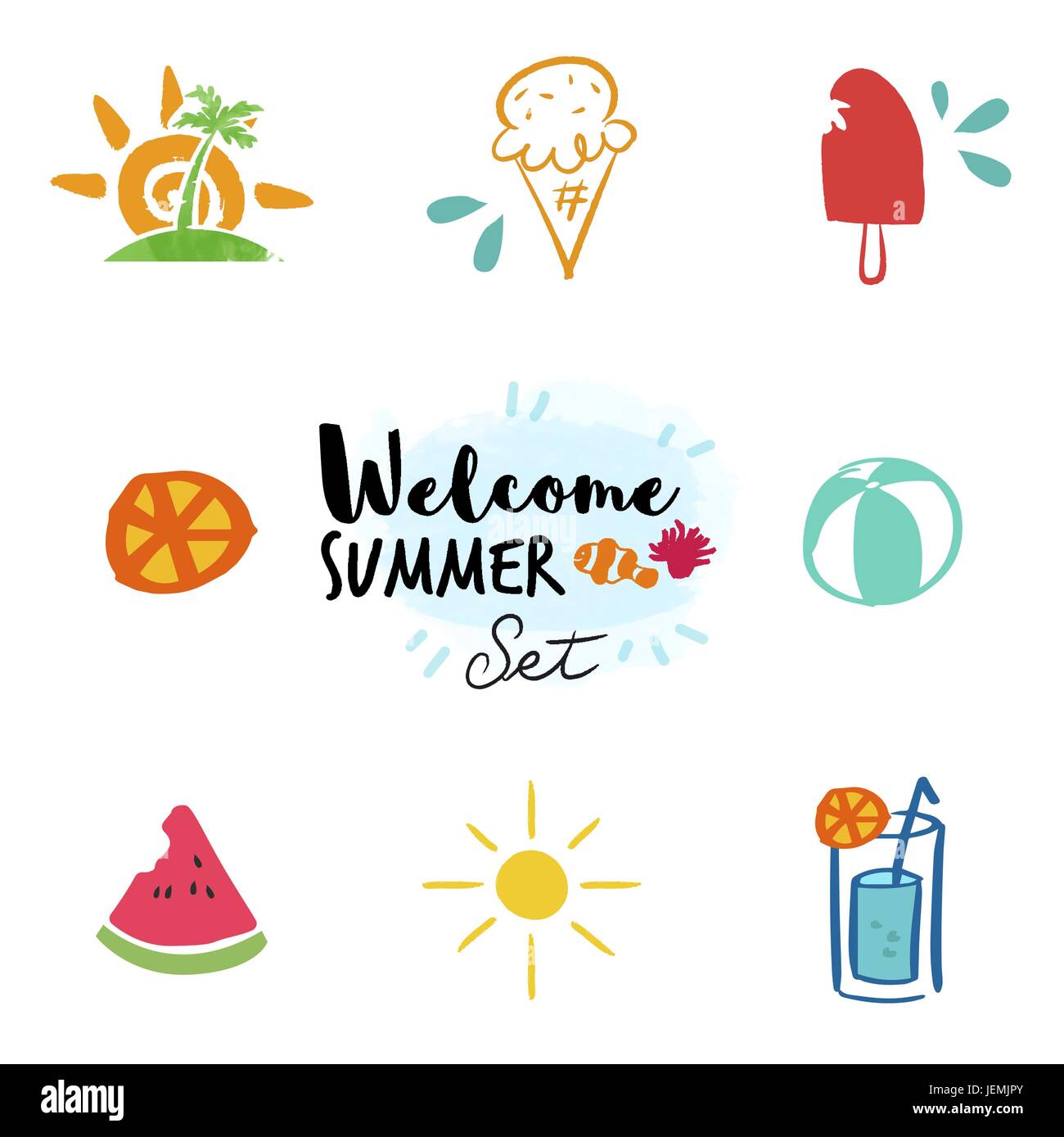 Doodle-Icon-Set Sommer, hand gezeichnete Deko-Elemente für die Sommer Saison. Wassermelone, beinhaltet Getränke und Strand Partyinsel. EPS10 Vektor. Stock Vektor