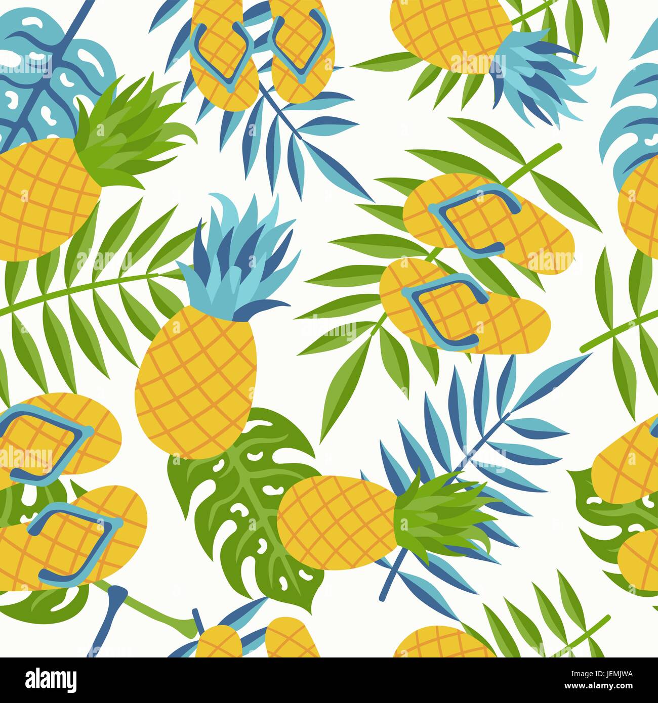 Ananas Musterdesign mit Dschungel Palmenzweig und Flip flop Abbildung, Spaß tropischen Sommer Hintergrund. EPS10 Vektor. Stock Vektor
