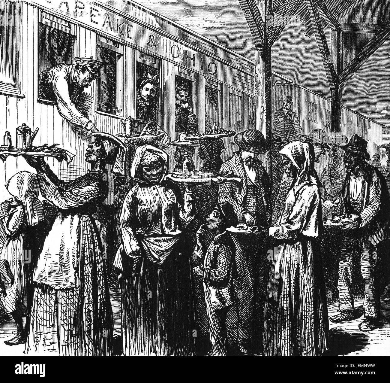 1879: Kaffee und Brathähnchen zum Verkauf an einem Bahnhof (Eisenbahn) in Virginia, Vereinigte Staaten von Amerika Stockfoto
