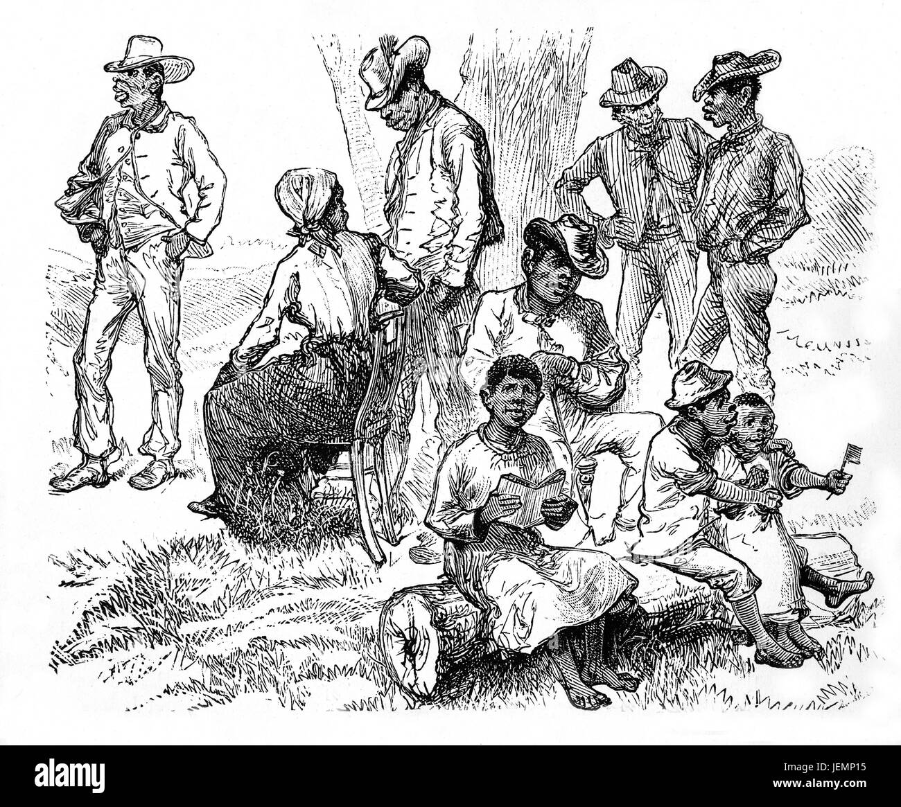 1879: Sonntagnachmittag für neu angekommene schwarz "Zuwanderer" in Richmond, Virginia, nach North Carolina Emigration Vereinigte Staaten von Amerika. Stockfoto