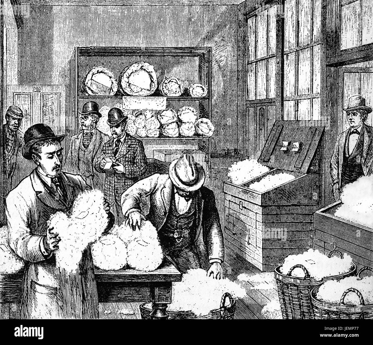 1879: Käufer, die Prüfung von Proben von neu geernteten Baumwolle, Georgia State, Vereinigte Staaten von Amerika Stockfoto