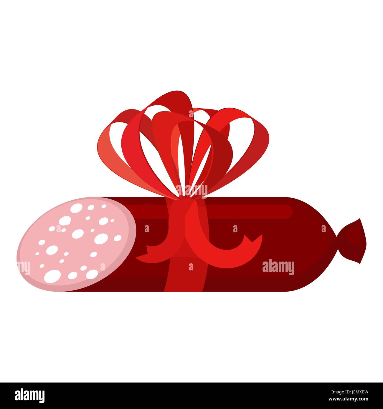 Salami-Geschenk mit roter Schleife. Wurst auf weißem Hintergrund. Geräucherte Feinkost Fleisch Stock Vektor