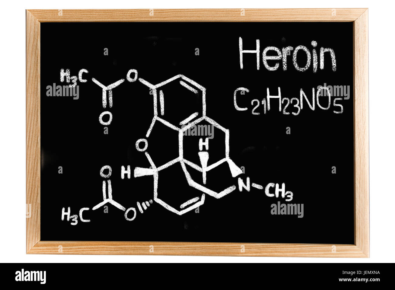 Tafel mit der chemischen Formel von Heroin Stockfoto