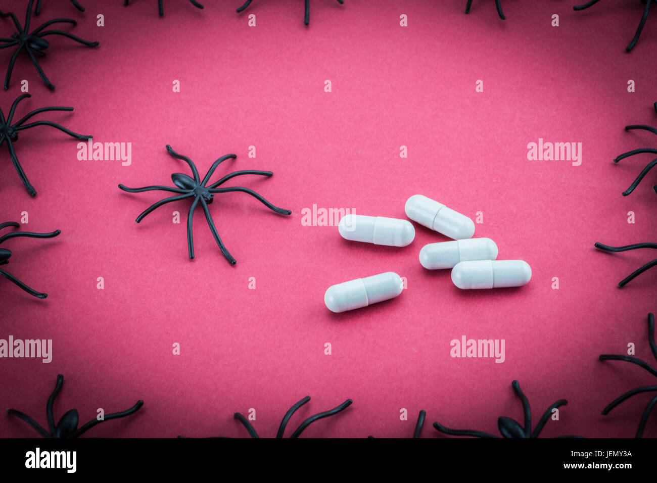 Spinnen in Kapseln, Konzept-Phobie zu Arzneimitteln Stockfoto