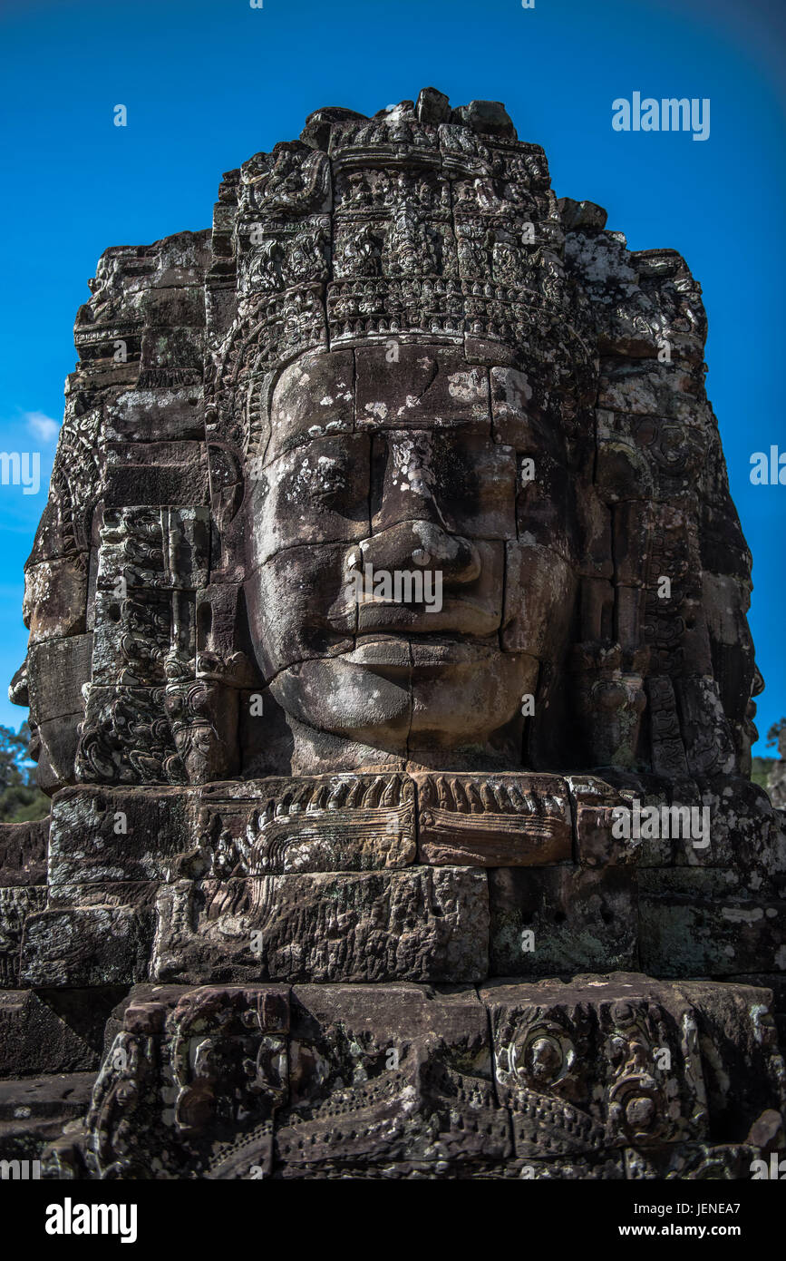 Geschnitzten Stein Gesicht, Bayon Tempel, Angkor Wat, Kambodscha Stockfoto