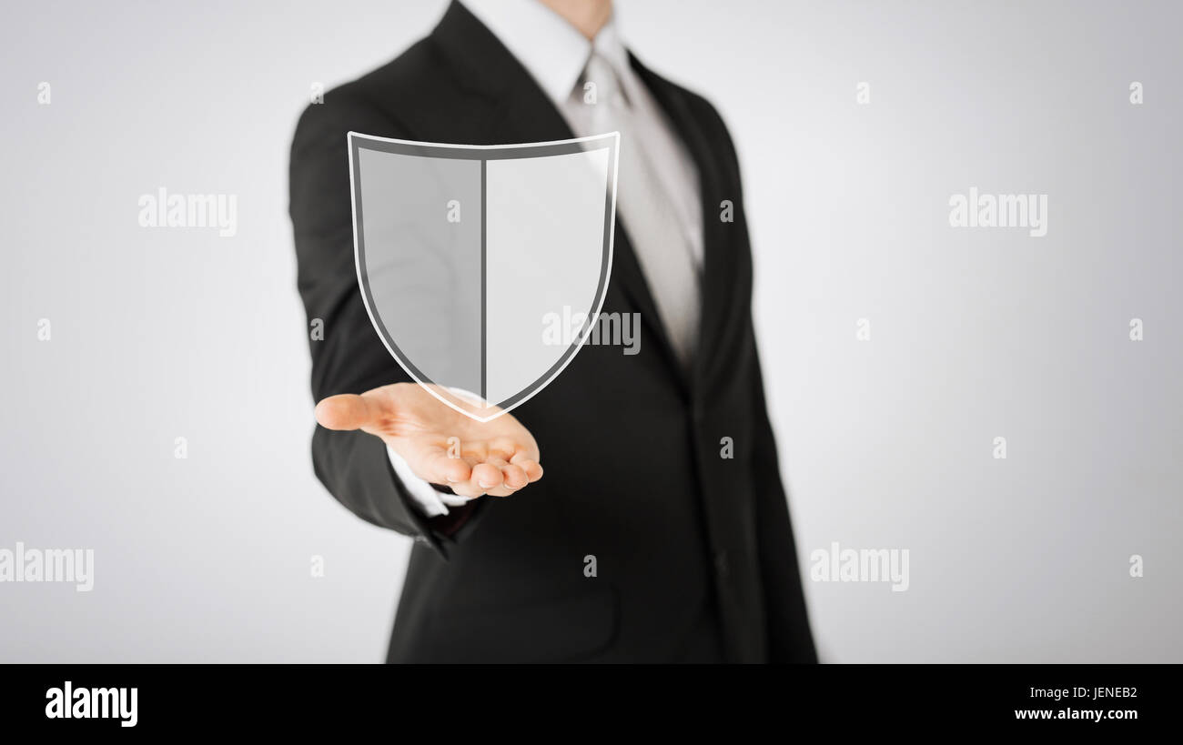 Mann mit virtuellen antivirus-Programm-Symbol Stockfoto