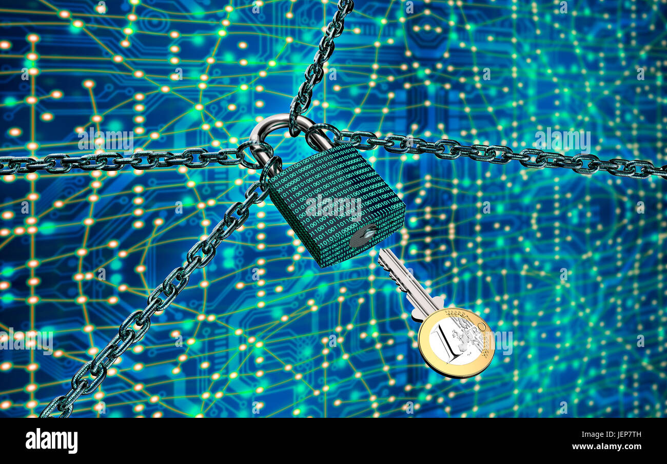 Malware oder Ransomware Angriffe Konzept Vorhängeschloss mit Geld, Beschneidungspfad, 3d illustration Stockfoto