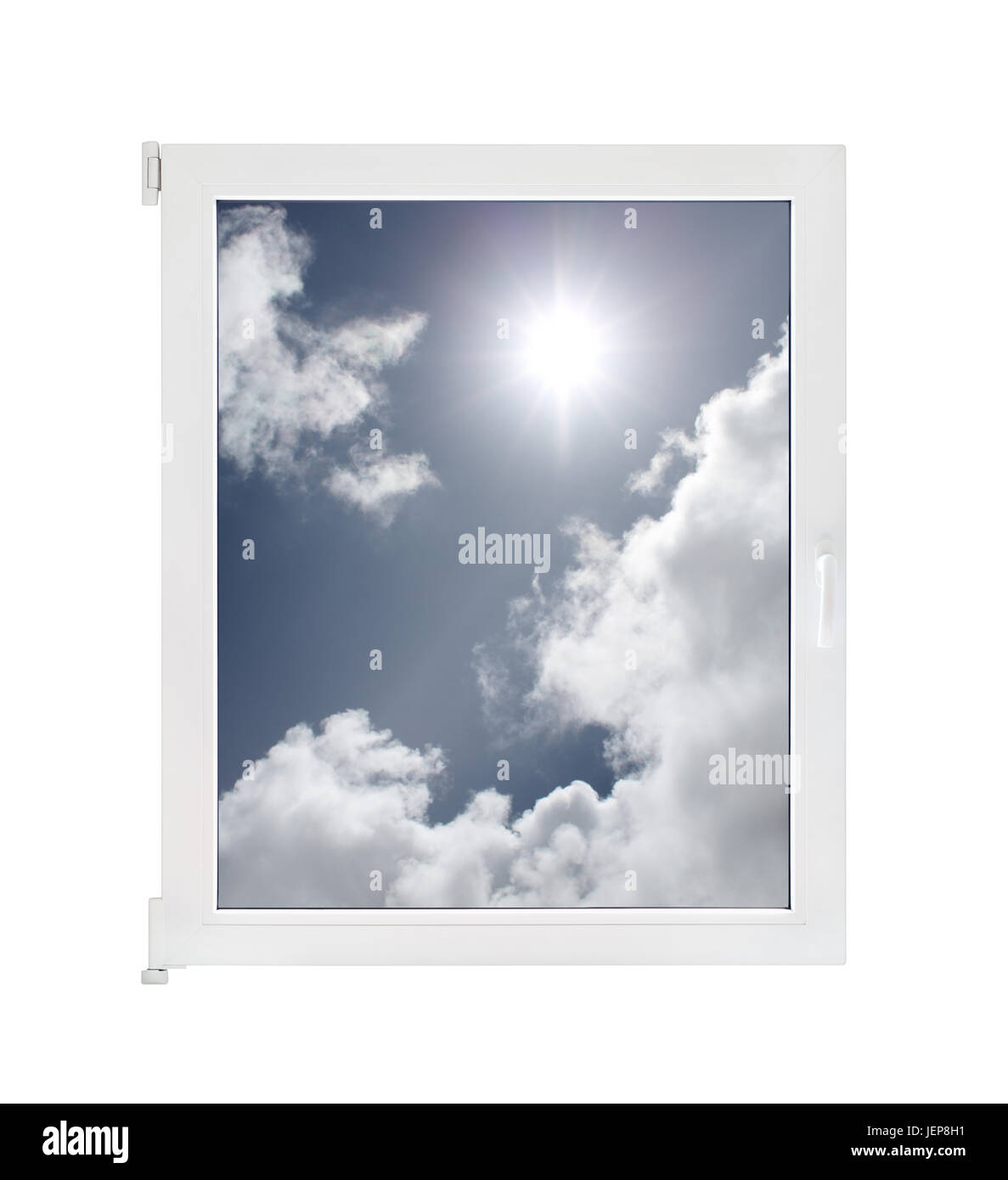 Fenster Rahmen Blick durch Sonne, Wind und Wetter Stockfoto
