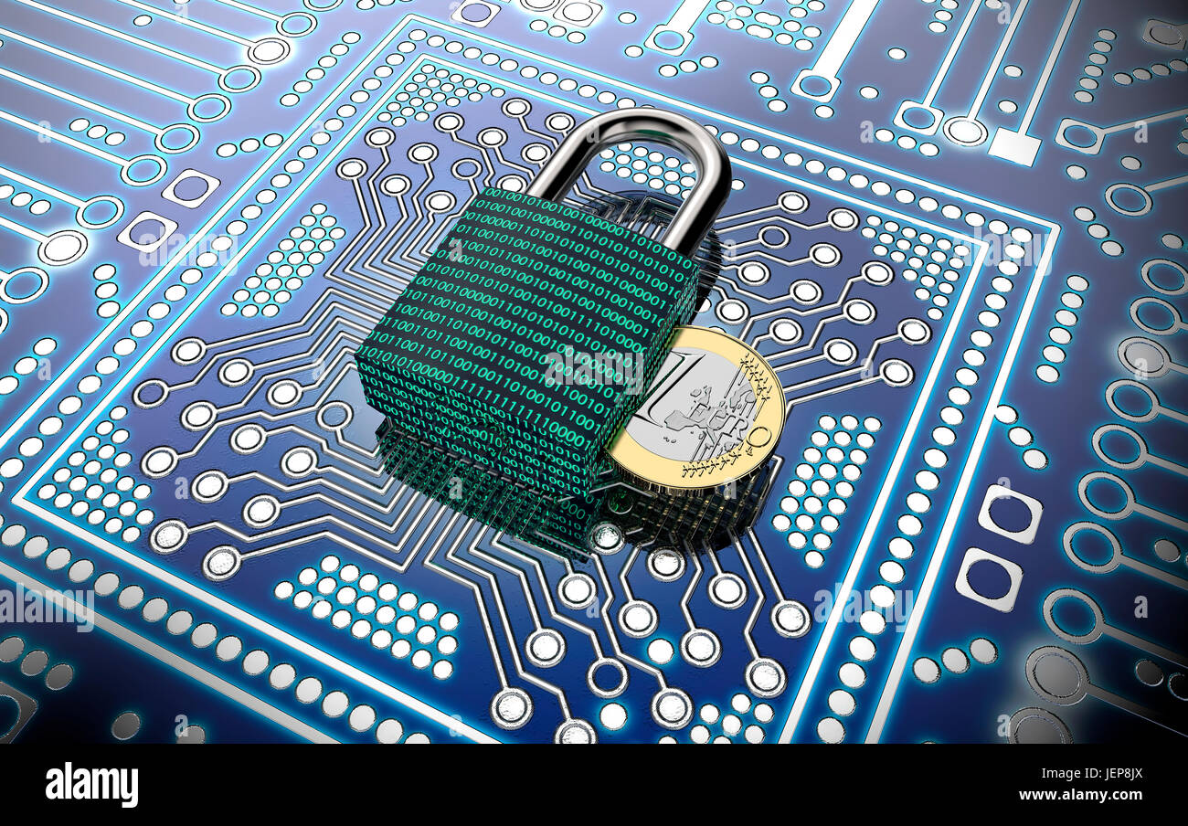 Malware oder Ransomware Angriffe Konzept Vorhängeschloss mit Geld, Beschneidungspfad, 3d illustration Stockfoto