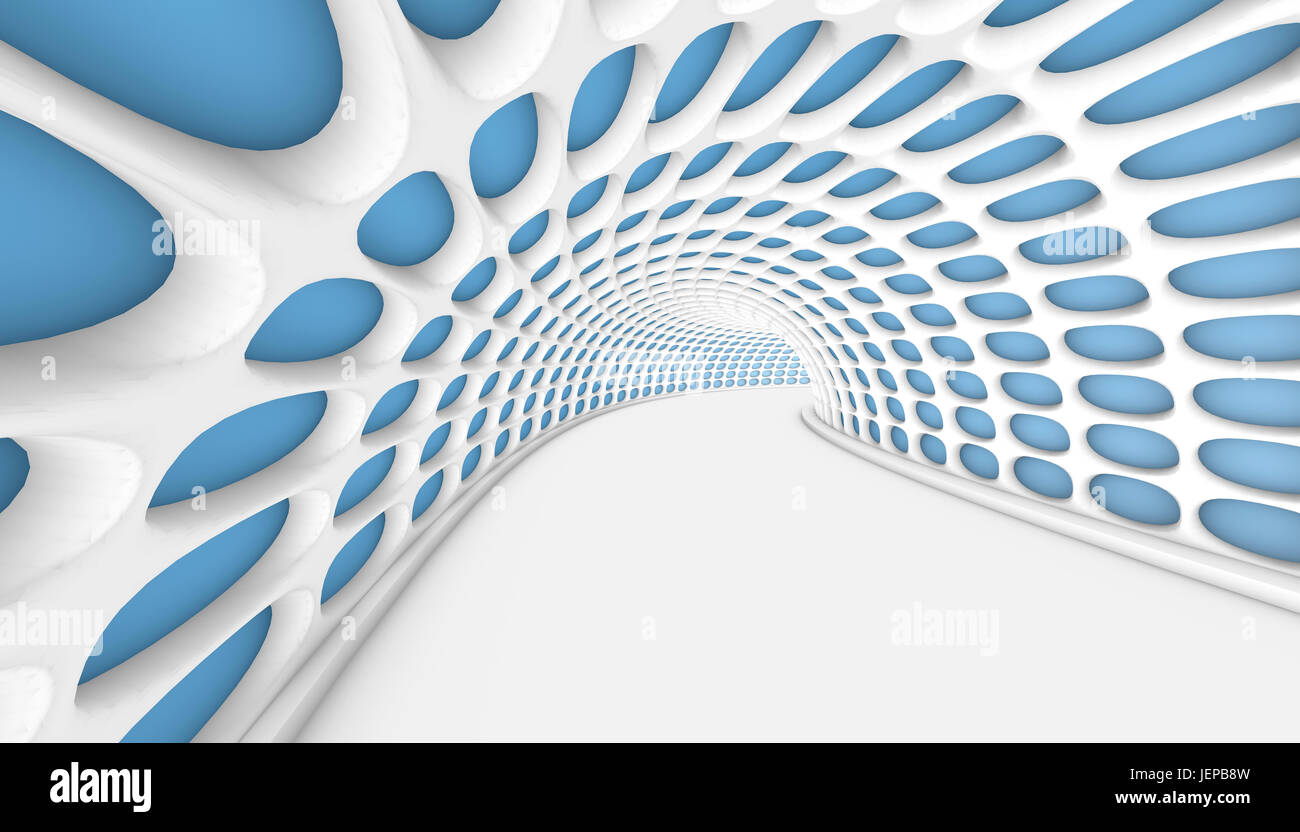 Weiss abstrakt Tunnel mit runden blauen Strahler. 3D Render-illustration Stockfoto